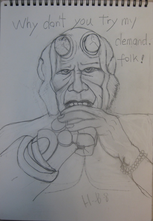 pencil sketch of Hellboy